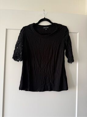 Kim & Cami Black Short Sleeve Top with Lace Sleeves